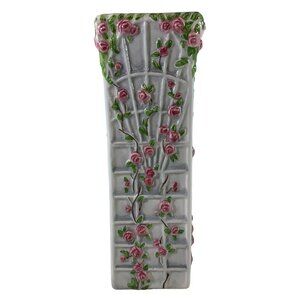 LBK Ceramic Square Flower Garden Vase Glazed White with 3D Pink Roses 8 inches